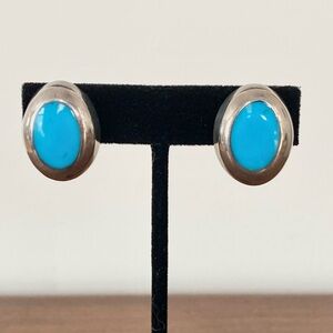 Vintage Taxco Mexico sterling silver turquoise clip on chunky earrings TF-70